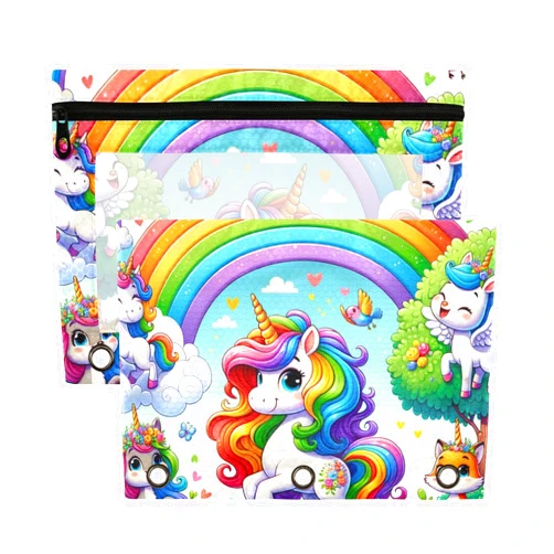 WIFIU Rainbows Funny Unicorns Pencil Pouch for 3 Ring Binder Pockets Clear Window Pencil Bag with Zipper Cute Animals Pencil Case for Daily Office Supplies 2 Pack