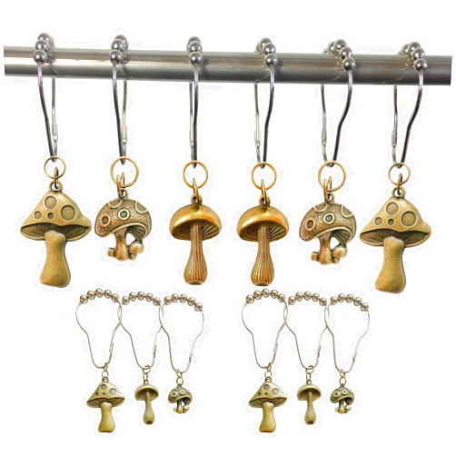 Daxingbu Mushroom Shower Curtain Hooks, 12Pcs Rustproof Metal Cute Retro Mushroom Shower Curtain Hooks Rings for Boho Fairy Forest Country Cottagecore Style Home Bathroom Decor (Bronze)