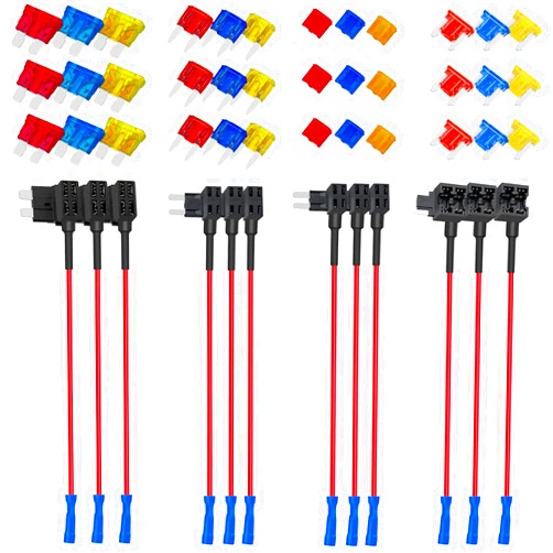 FXC 12 Pack 12V Car Add-a-Circuit Fuse Tap Standard Mini Micro2 and Low Profile Fuse Taps 4 Types ATO ATC ATM APM Fuse Holder for Cars Trucks Boats(10A, 15A, 20A Fuses)