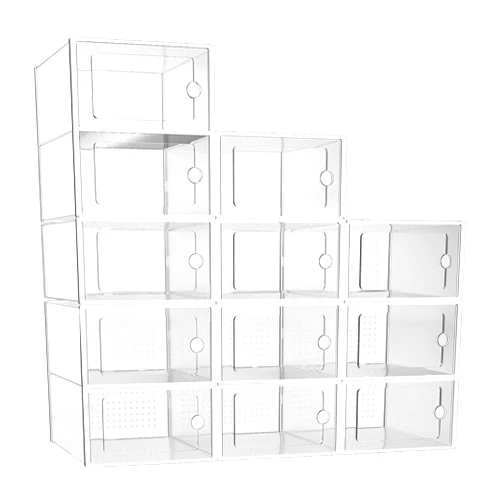 Hourleey 12 Pack Shoe Storage Box, Clear Plastic Stackable Shoe Organizer for Closet, Space Saving Foldable Shoe Rack Sneaker Containers Holders with Lids