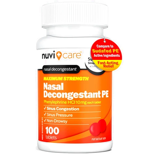 NUVICARE Max Strength PE Phenylephrine HCl 10mg Non Drowsy Nasal Decongestant - Allergy Sinus Congestion Relief Compare to Sudafed PE Decongestant Tablets - Sinus Decongestants for Adults (100 Count)