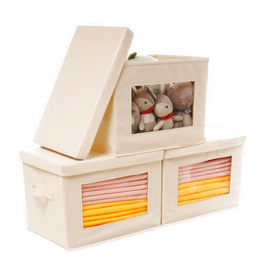ITYLIFE CITYLIFE Citylife 3 Pack Storage Bins with Lids, Fabric Foldable Storage Bins with Soft Cord Handles, Canvas Storage Bin with Lid for Organizing Clothes, Blankets and Books, Beige