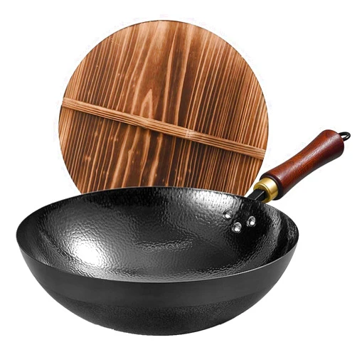 UMETRE Carbon Steel Wok Pan, 13.5″Woks & Stir-Fry Pans with Wooden Lid Cookwares, Nonstick Wok, No Chemical Coated Hand Hammered Chinese Wok For Gas
