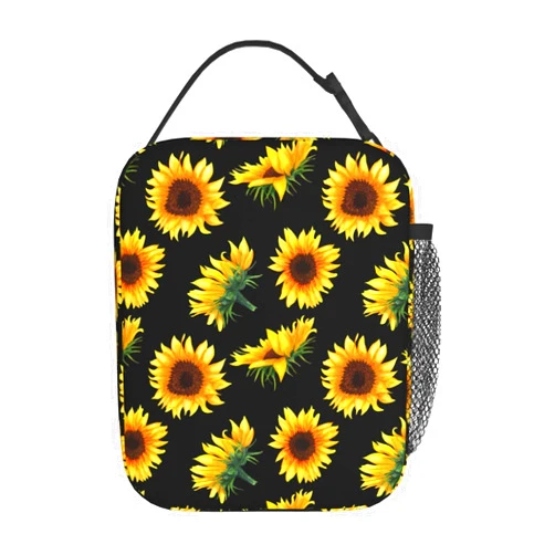 YETTA YANG Sunflower Flower Floral Black Portable Lunch Bag Insulated Lunch Box Reusable Totes For Women Men Work Picnic Camping