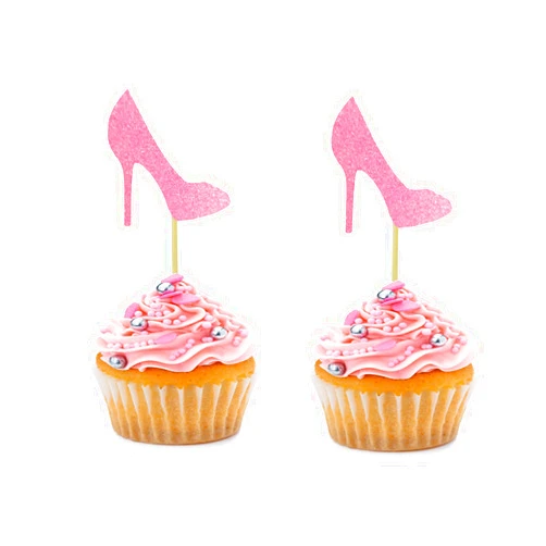 BoningNEW 24 PCS Pink High Heels Cupcake Toppers Glitter for Birthday Party Wedding Engagement Bridal Shower Party Stiletto Theme Party Single Party Cake Decorations Supplies Picks