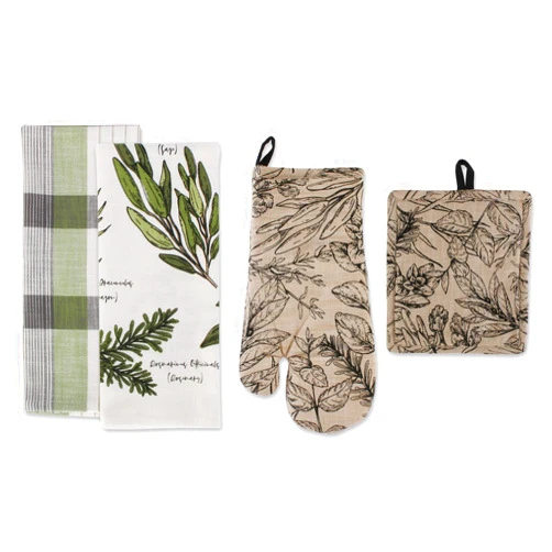 DII Kitchen Gift Set Collection, Pot Holder & 3 Dish Towels, Fresh Herbs, 4 Piece