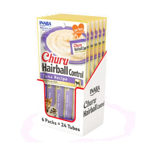 INABA Churu Hairball Control, Functional, Creamy Lickable Purée Cat Treat with Taurine & Vitamin E, 0.5 Ounces Each, 24 Tubes (4 per Pack), Tuna Recipe