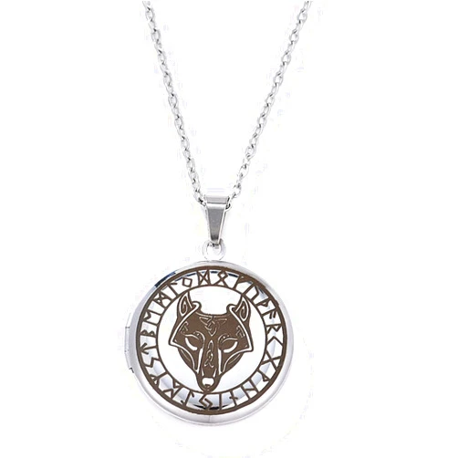UTHOSMDO Norse Viking Wolf Necklace Locket Necklace That Holds Pictures in Stainless Steel, Celtic Odin Wolf Head Circle Runes Pendant Necklace for Boys Men Girls