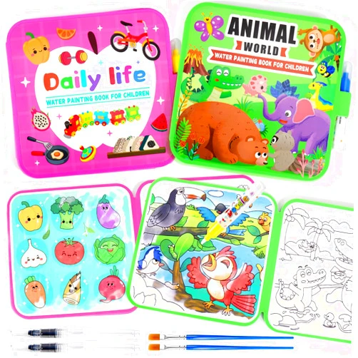 Vodolo Water Painting Book for Toddlers - 2 Pack Reusable Magic Water Coloring Book with 4 Water Pen 2 Brush - Mess Free Painting for Toddlers,No Mess Paint Coloring for Ages 3+ Travel Activity Toys