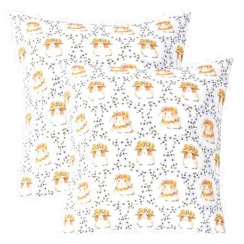 Homewish Cartoon Cavy Flowers Pillow Covers Watercolor Natural Blooming Purple Floral Cushion Covers for Kids Girls Teens Cute Wild Animals Rustic Style Pillow Cases for Living Room 20x20 Inch Set of 2