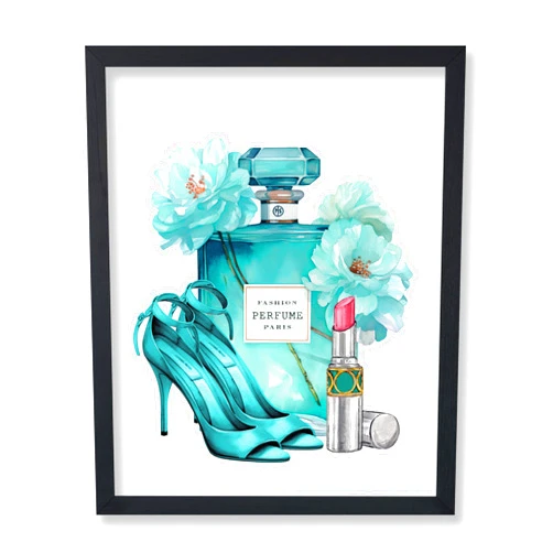 Poster Master Turquoise Blue Designer Print - Fashion Poster - Shoes, Lipstick & Perfume Art - Chic Gift for Women & Fashionista - Glam Decor for Bedroom or Girl's Room - 8x10 UNFRAMED Wall Art