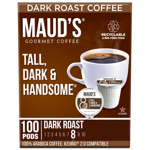 Maud's Dark Roast Coffee Pods, 100 ct | Tall, Dark & Handsome Coffee Blend | 100% Arabica Dark Roast Coffee | Solar Energy Produced Recyclable Pods Compatible with Keurig K Cups Maker