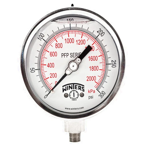 Winters Instruments Winters PFP Series Premium Stainless Steel 304 Dual Scale Liquid Filled Pressure Gauge, 0-300 psi/kpa, 4