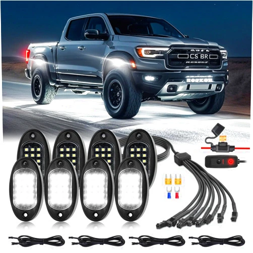 TDE Explorer.Lighting 8 Pods White LED Rock Lights for with Switch Extension Harness, 6000K 24 LEDs Pure White Underglow Kit for Truck Trailer Offroad SUV UTV RZR, IP68 Waterproof Under Trail Rig Fender Lighting