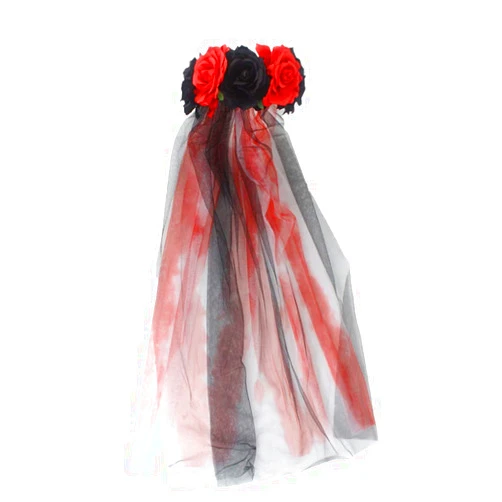 PURFUN Gothic Rose Floral Headband Crown Veil Women Halloween Day of The Dead Flower Hairband Garland Black Bridal Veil