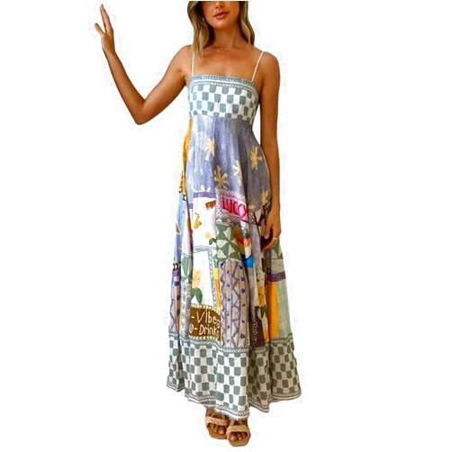 SGSOACO Women Spaghetti Strap Graffiti Maxi Dress Colorful Graphic Aline Boho Beach Vacation Sundress Swing Long Cami Dress