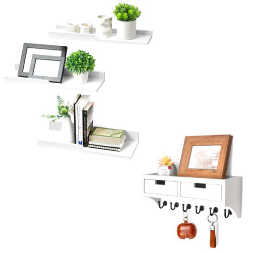 Rebee Vision Decorative Key Holder Wall Mount Combo - Farmhouse Floating Shelves Wall Decor for Multifunctional Storage - Home Organization and Room Decor Aesthetic (Modern White)
