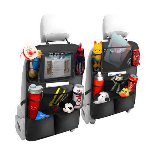 KHGUZ 2PCS Car Seat Back Organizer, Waterproof Vehicle Storage Bag with Touch Screen Tablet Holder & 9 Pockets, Auto Kick Mats Back Seat Protector for Kids, Universal Travel Accessories (Black/Large)