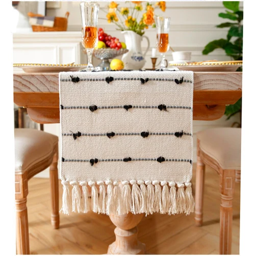 Caflife Boho Table Runner 90 Inchs Long for Modern Farmhouse Room Home Decor, Black and Beige Coffee Table Runner, Natural Cotton Woven with Tassels Neutral, for Kitchen Dining Table Decor