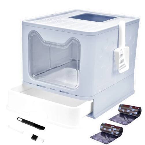 Panghuhu88 Foldable Cat Litter Box with Lid, Large Top Entry Cat Toilet, Enclosed Cat Potty Include Cat Litter Scoop, Drawer Type Easy Clean Cat Litter Pan (Grey, 20