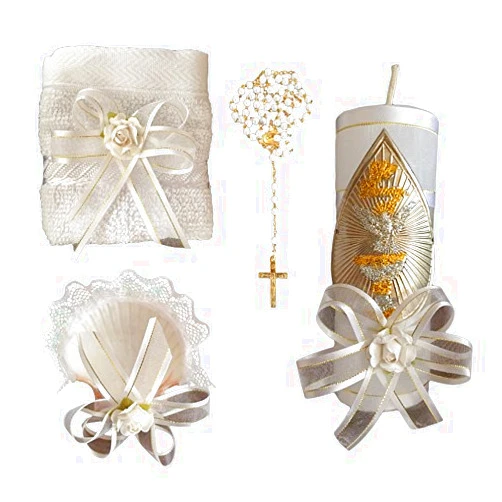 San Rafael Arcangel Kit de Bautizo, Baptism Christening Kit, Catholic Handmade kit with Towel, Rosary, Baptism Candle and Baptism Shell, kit de bautizo con Toalla, Concha y Rosario, White Baptism Favor