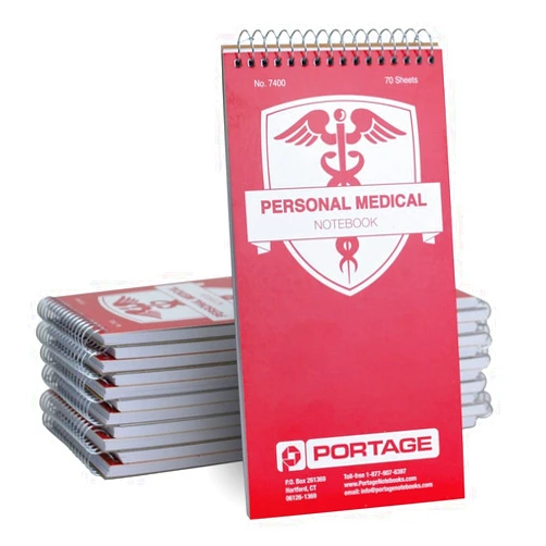 Portage Medical Journal – Medical Log Book to Track Drug Intake, Blood Sugar & Blood Pressure, Health Journey, Medical Diary with Template, Top Bound Spiral – 4x8 In, 70 Sheets, 12 Pack