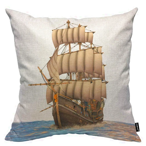 HOSNYE Boat Cotton Linen Throw Pillow Case Vintage Wooden Tall Ship Ocean Boat Adventure Sailor Pirate Travel Pillow Cushion Covers Home Sofa Decorative 18 X 18 Inch