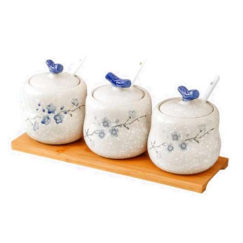 YMYL Set of 3 Decorative Ceramic Condiment Jars, 13.5oz Porcelain Spice Containers Seasoning Pots Sugar Bowls with Ceramic Serving Spoons, Lids and Wooden Tray for Home Kitchen Counter