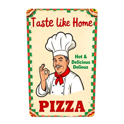 AOYEGO Pizza Poster Tin Sign,Italian Chef Kissing Fingers with Taste Like Home Pizza Vintage Metal Tin Signs for Cafes Bars Pubs Shop Wall Decorative Funny Retro Signs for Men Women 8x12 Inch