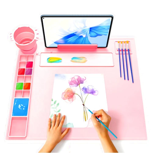 iArtker Silicone Painting Mat with Stand, Craft Art Mat with Cup and Lid, Non Stick Silicone Sheet for Resin, DIY, Clay, Play Doh, Pink