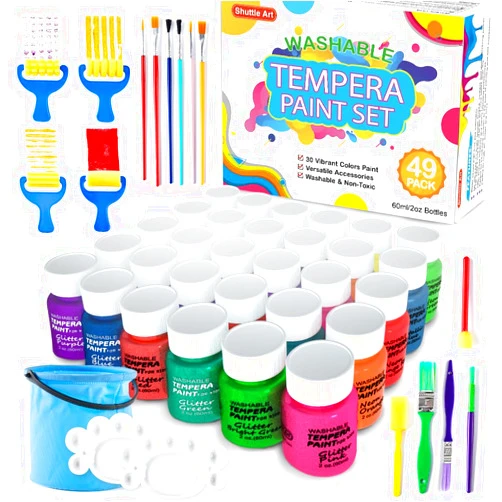 Shuttle Art Tempera Paint, Shuttle Art 30 Colors Washable Paint for Kids, 2oz/60ml Bottle, Non-toxic Finger Paints for Toddlers with Glitter Metallic Neon Colors, Kids Paint for Art, Crafts and School Projects