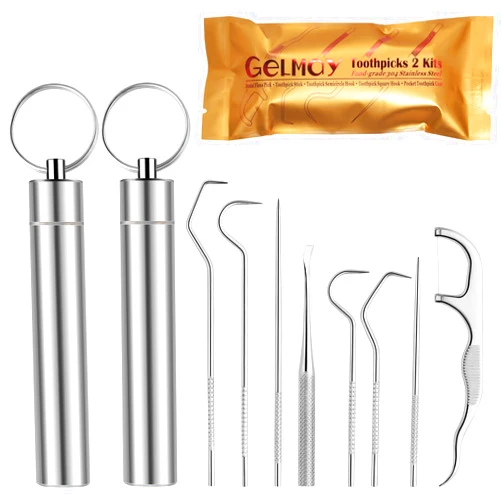 GELMAY Toothpicks Pocket Set, Dental Floss Picks Kit Reusable, Stainless Steel Teeth Cleaning Tools, Tooth Picker Oral Hygiene Travel (2 Set)