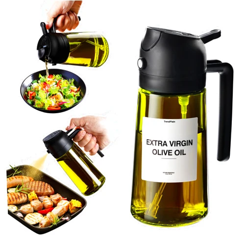TrendPlain 16oz Olive Oil Dispenser for Kitchen - 2 in 1 Olive Oil Dispenser and Oil Sprayer - Olive Oil Dispenser Bottle w/Stickers - Olive Oil Sprayer for Cooking Black (Light Blockage)