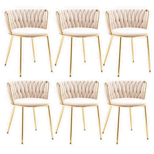 Riknuxi Velvet Dining Chairs Set of 6, Modern Woven Dining Chair with Metal Legs, Gold Upholstered Dining Chairs for Dining Room, Kitchen, Vanity, Living Room (Beige)