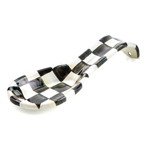 MACKENZIE-CHILDS Enamel Spoon Rest, Kitchen Utensil Rest and Spoon Holder, Kitchen Decor, Black-and-White Courtly Check