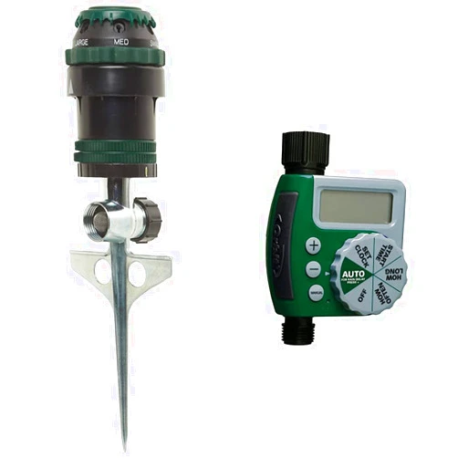 Orbit 58573N H2O-6 Gear Drive Sprinkler, Spike B 58573, Green & 62061Z Single-Outlet Hose Watering Timer, 1, Green