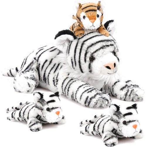 MaoGoLan White Tiger Stuffed Animals,Stuffed Mommy Tiger with 3 Cubs, 4 PCs Large Tiger Plush Toy Set for Boys Girls, Birthday Gift 17 inches