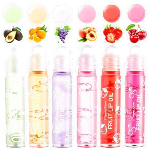 Gireatick 6PCS Fruity Flavors Rolling Ball Lip Oil Set, Long Lasting Moisturizing Lip Balm, Roll-On Lip Gloss Set, Glossy Lip Make-up for All Age, Transparent Lip Gloss for Dry and Chapped Lips