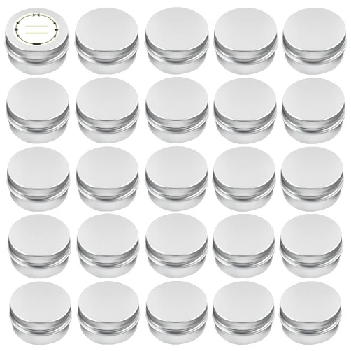 TUZAZO 24Pack 2 Oz Aluminum Tin Cans with Screw Lid and Labels, Refillable Travel Sized Cosmetic Containers Small Tins for Salves, Lotion Bars, Beard Balms, Candles