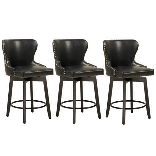 CUYOCA Swivel Bar Stools Counter Height with Rivet Trim Wing Backs & Wood Frame Legs, Upholstered Barstools set of 3 for Kitchen Island Pub Bistro, Black