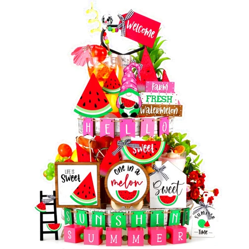 Mifoci 25 Pcs Summer Watermelon Tiered Tray Decor Set Farmhouse Wood Hello Summer Table Decorations Tabletop Rustic Wooden Red Watermelon Table Signs for Home Summer Kitchen Table Decoration