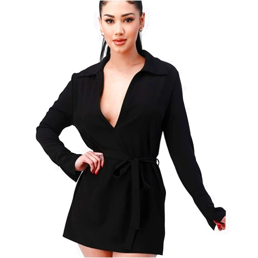 Jaytep Women's Tie Front Button Up Blouse Shirt Dress Long Sleeve Collar Longline Tunic Top