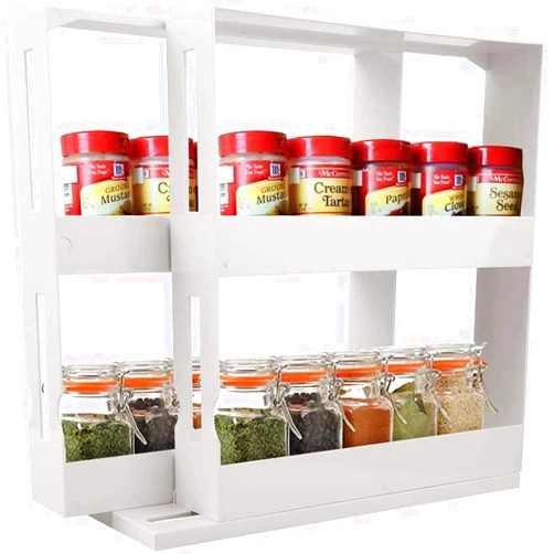Veizn Spice Rack Seasoning Storage Holder,Two 2-Tiered Shelves,Seasoning Spice Jar Rack Rotating Cabinet Shelf Double Kitchen Organizer Swivel Spice Rack For Spice Bottles.,Pale white
