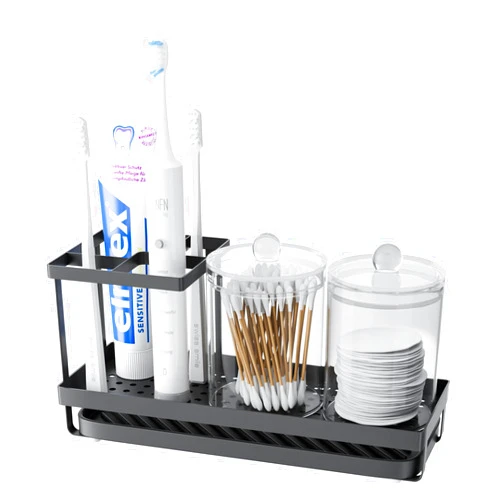 JDOTL Bathroom Toothbrush Holder Set with 2 Canisters, Shower Toothpaste Organizer with Drainage Tray, Electric Tooth Brush Caddy Storage Stand for Vanity Countertop, Black Bathroom Accessories Decor