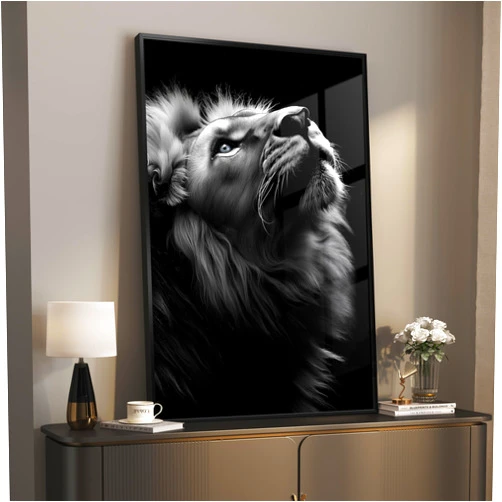 Cuspin Framed Black and Gray Modern Wall Art, Contemporary Animal Portrait Prints Paintings Artwork for Walls, Minimalist Masculine Lion Pictures for Living Room Dining Bedroom Hallway Wall Decor 24x36 In