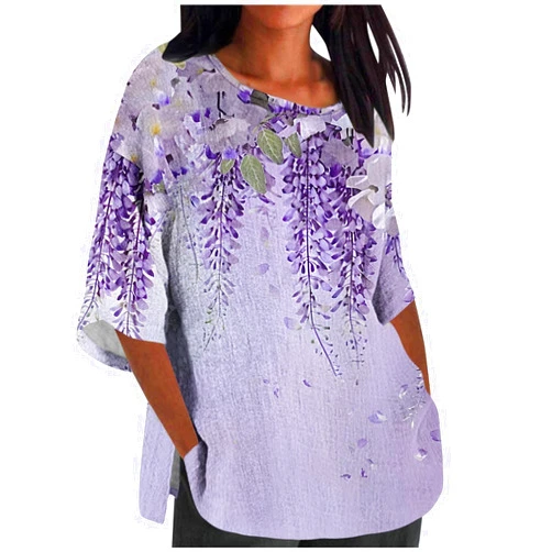 Generic Womens Summer Tops 2024 Plus Size Floral Printed Shirts Loose 3/4 Sleeve Crewneck Blouses Dressy Casual Hide Belly Tunic