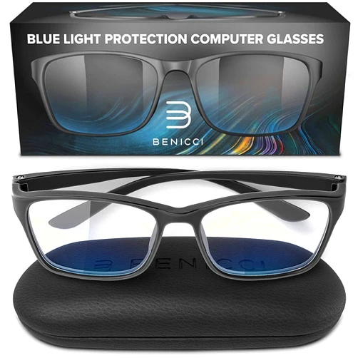 Benicci Stylish Blue Light Blocking Glasses for Women or Men - Ease Computer and Digital Eye Strain, Dry Eyes, Headaches and Blurry Vision - Instantly Blocks Glare from Computers and Phone Screens w/Case