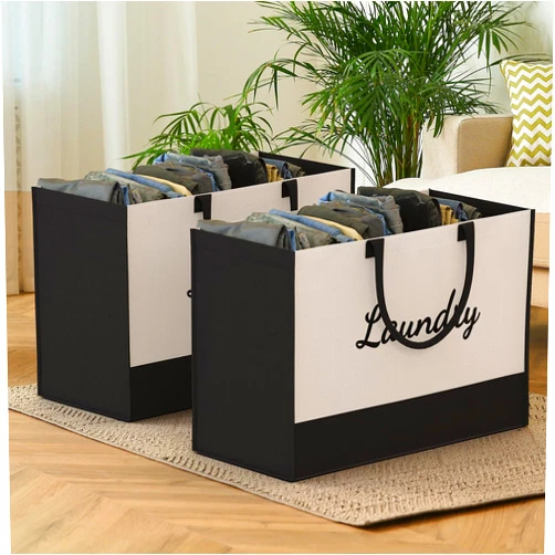 YKDIRECT 75L 2 Pack Handheld Laundry Hamper Laundry Basket Collapsible Laundry Hamper, Carry Bag Design with Standing Board for Laundry Room Toy Room House Organizing (White, 75L 2 Pack)