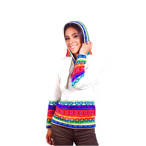 INTI ALPACA Alpaca Women’s Knit Hooded White Sweater with Multicolored Pattern