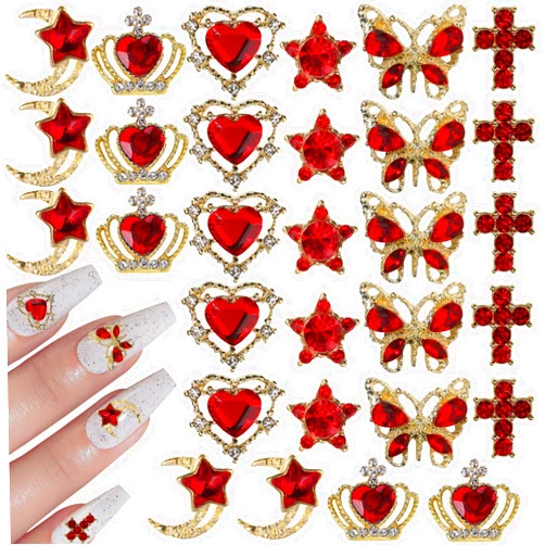 EditTime Metal Alloy Nail Charms Rhinestones Kit 3D Gold Silver Stars Butterfly Heart Rose Flower Nail Gems Shiny Crystal Rhinestones Diamonds Jewelry (red-30)